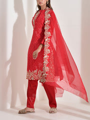 Red Silk Bhandej Emrbroidered Suit Set