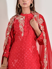 Red Silk Bhandej Emrbroidered Suit Set