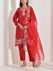 Red Chanderi Embroidered Suit Set