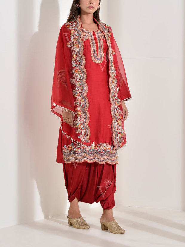 Red Embroidered Kurta with Organza Jacket and Harem Pants