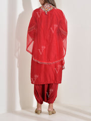 Red Embroidered Kurta with Organza Jacket and Harem Pants