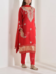 Red Satin Embroidered Suit Set