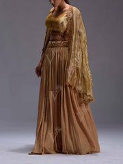 Golden Embroidered Tissue Cape and Skirt Set