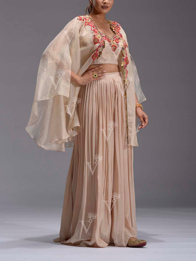 Beige Embroidered Tissue Cape and Palazzo Set