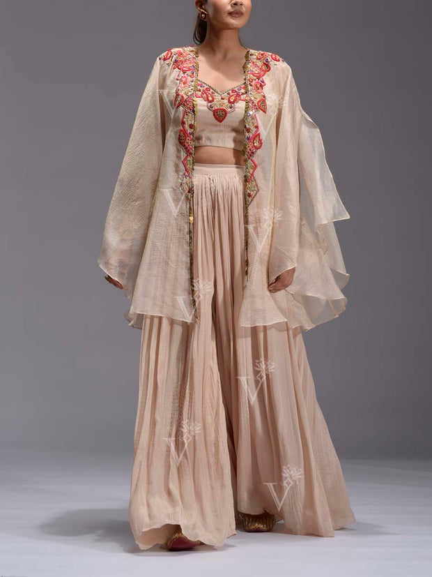 Beige Embroidered Tissue Cape and Palazzo Set