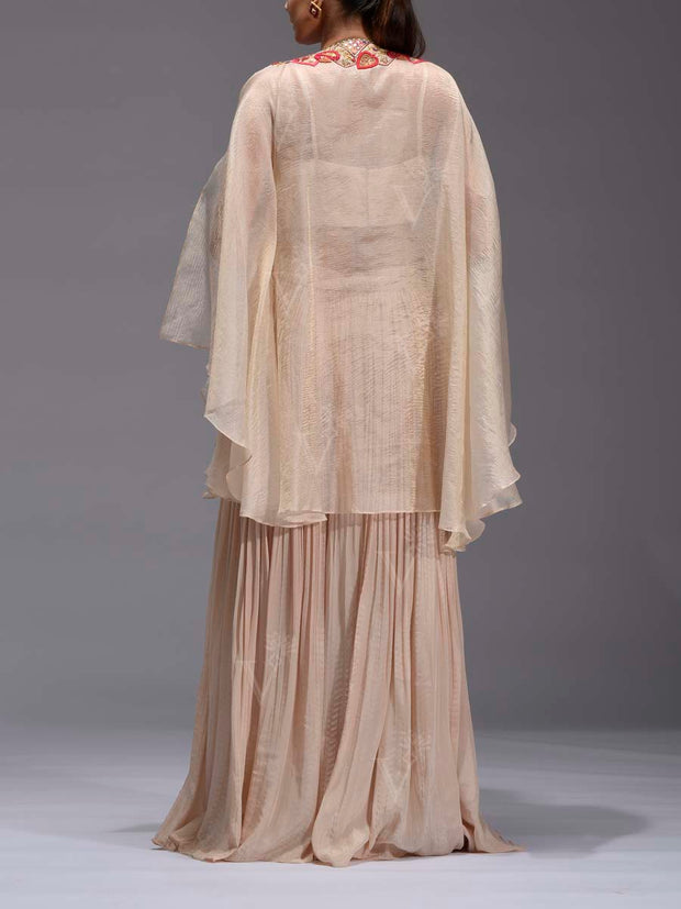 Beige Embroidered Tissue Cape and Palazzo Set