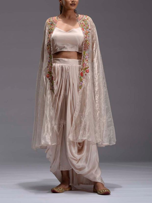 Beige Embroidered Cape and Drape Skirt Set