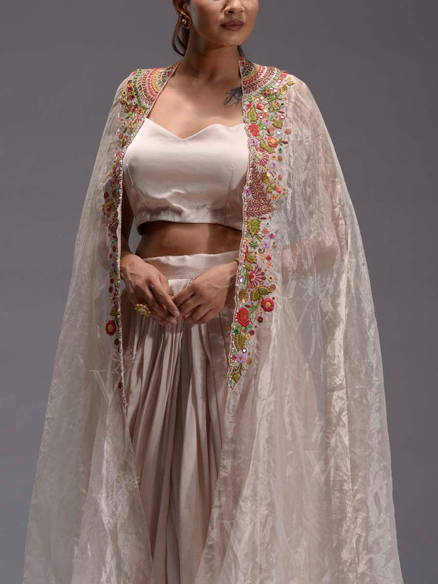 Beige Embroidered Cape and Drape Skirt Set