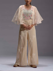 Cream Embroidered Satin Cape and Palazzo Set