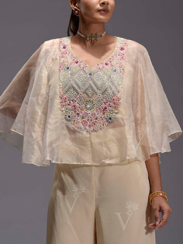 Cream Embroidered Satin Cape and Palazzo Set