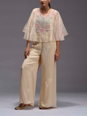 Cream Embroidered Satin Cape and Palazzo Set