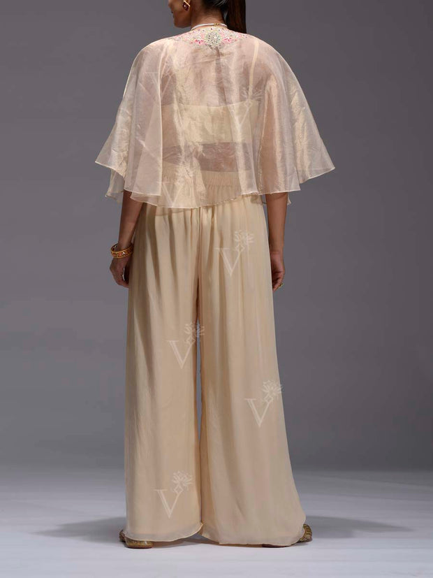 Cream Embroidered Satin Cape and Palazzo Set