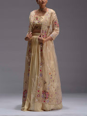 Beige Embroidered Tissue Jacket and Skirt Set