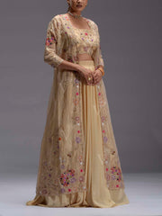 Beige Embroidered Tissue Jacket and Skirt Set