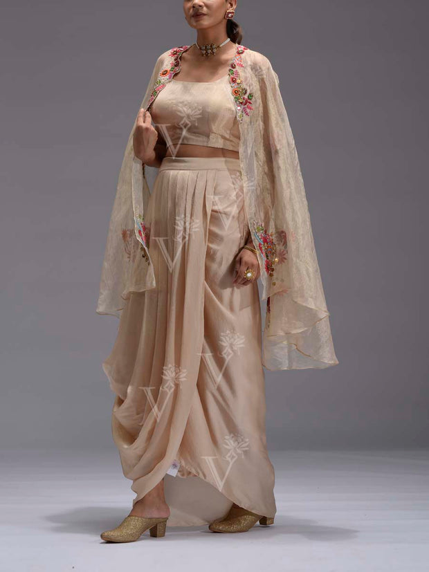 Beige Embroidered Tissue Cape and Drape Skirt Set