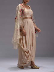 Beige Embroidered Tissue Cape and Drape Skirt Set