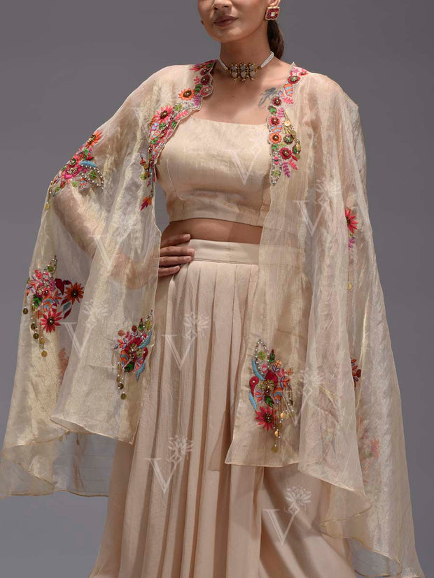 Beige Embroidered Tissue Cape and Drape Skirt Set