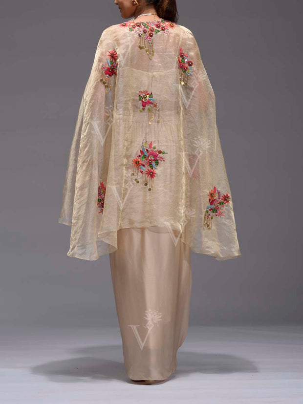 Beige Embroidered Tissue Cape and Drape Skirt Set