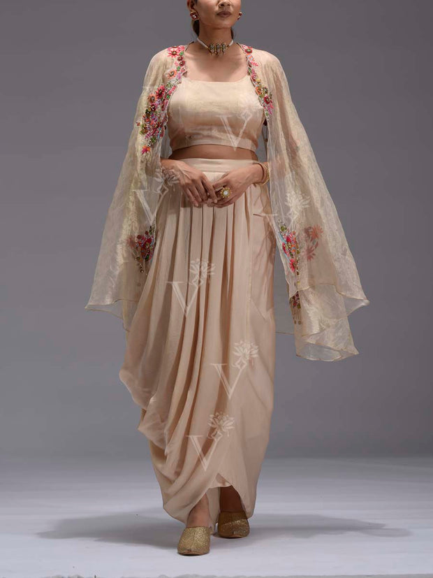 RK, DD35, MTO, Beige, Brown, Embroidered Cape and Palazzo Set , cape set , jacket set , dhoti set , drape skirt set