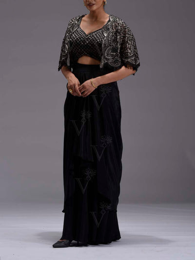 Black Embroidered Tissue Drape Skirt Set