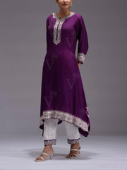 Violet Silk Embroidered Kurta and Pant Set