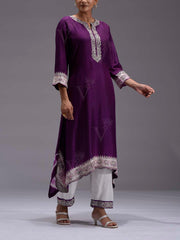 Violet Silk Embroidered Kurta and Pant Set