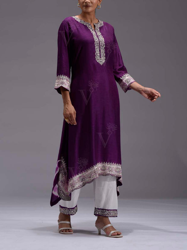 Violet Silk Embroidered Kurta and Pant Set