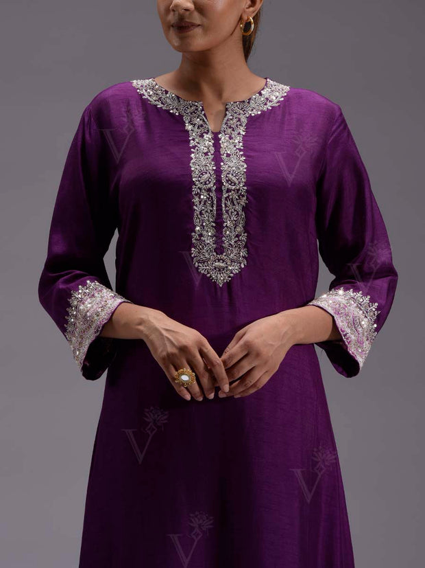 Violet Silk Embroidered Kurta and Pant Set