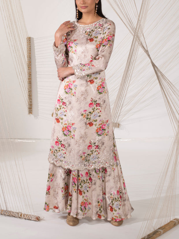 Beige Floral Print Sharara Set