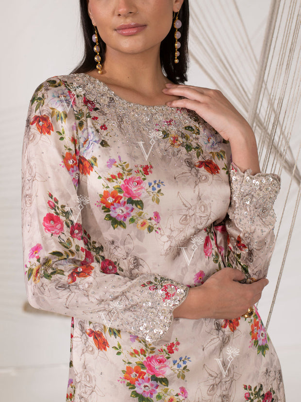 Beige Floral Print Sharara Set