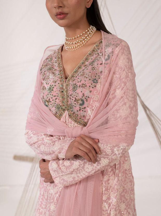 Peach Chikankari Peplum Sharara Set