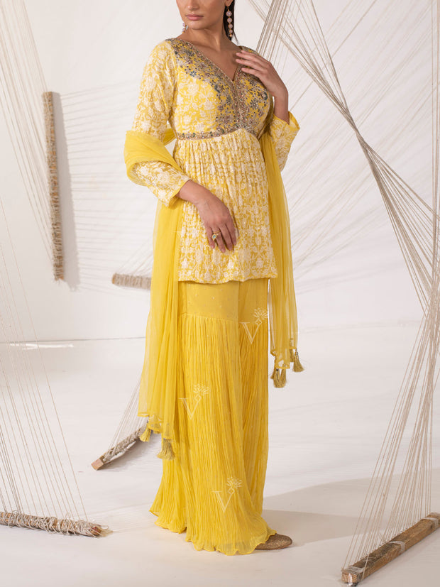 Yellow Chikankari Peplum Sharara Set