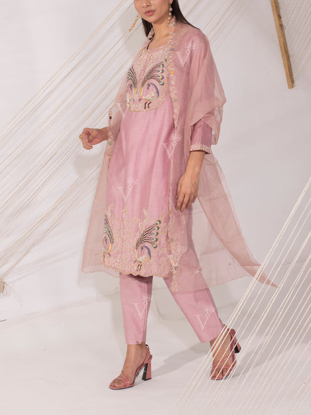 Rose Pink Chanderi Silk Suit Set