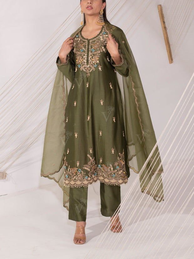 Olive Green Chanderi Silk Suit Set