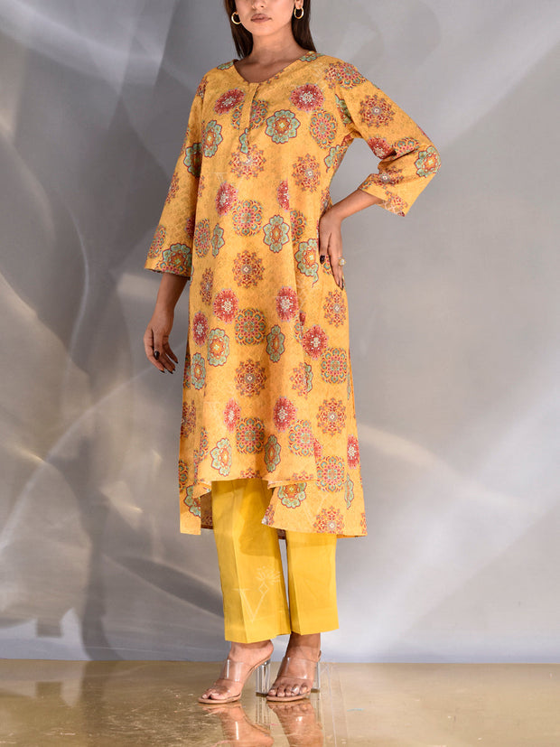 Mustard Dobby Cotton Printed Kurti