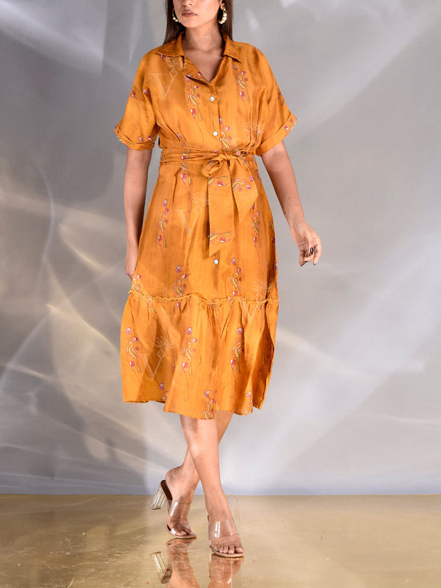 Yellow Vasansi Silk Knee length Dress