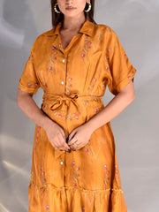 Yellow Vasansi Silk Knee length Dress