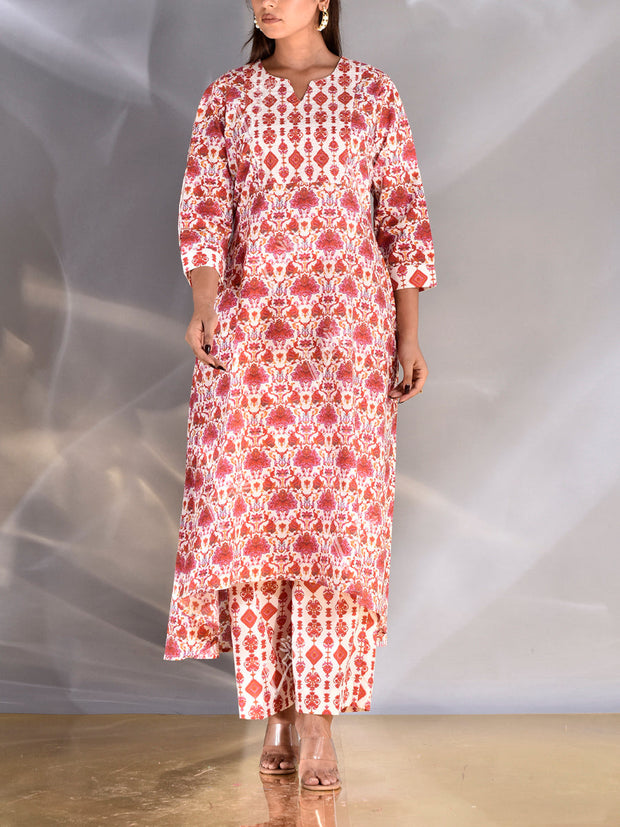 Red Cotton Printed Kurta and Pant Set