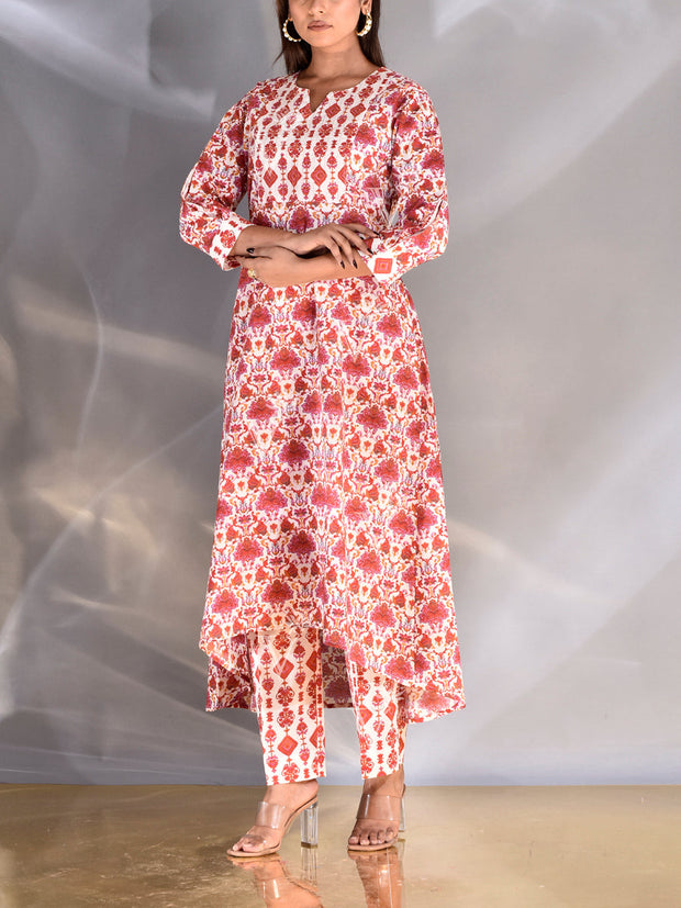 Red Cotton Printed Kurta and Pant Set