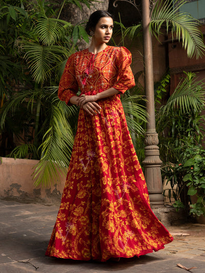 Red Vasansi Silk Printed Anarkali Gown