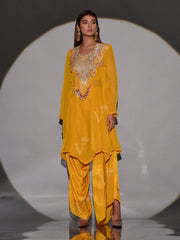 Yellow Organza Asymmetric Kurta and Dhoti Pant Set