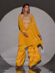 Yellow Organza Asymmetric Kurta and Dhoti Pant Set