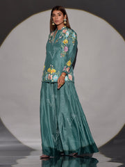 Green Raw Silk Embroidered Jacket and Palazzo Set