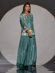 Green Raw Silk Embroidered Jacket and Palazzo Set