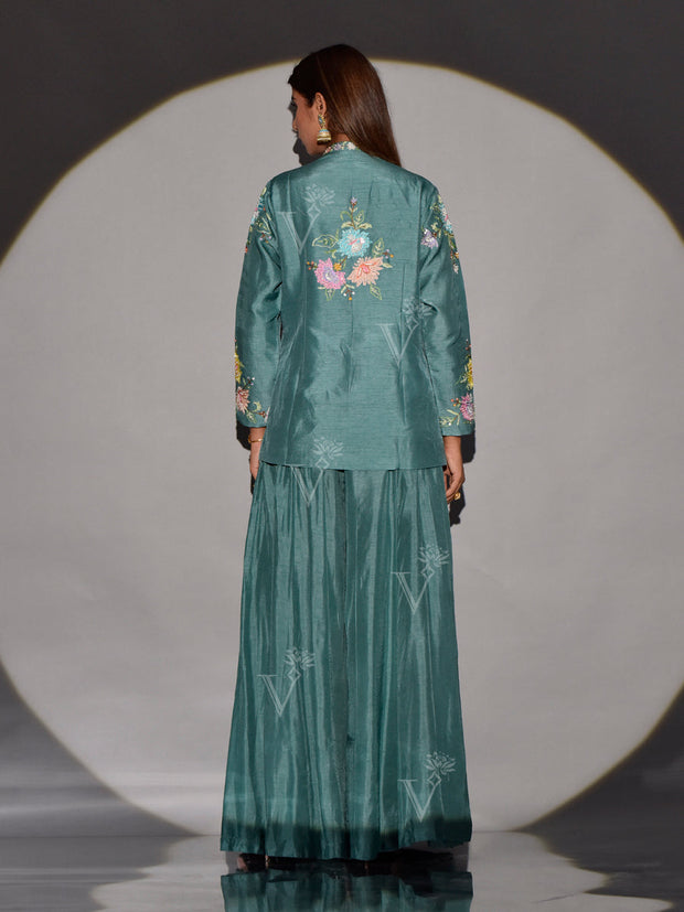 Green Raw Silk Embroidered Jacket and Palazzo Set