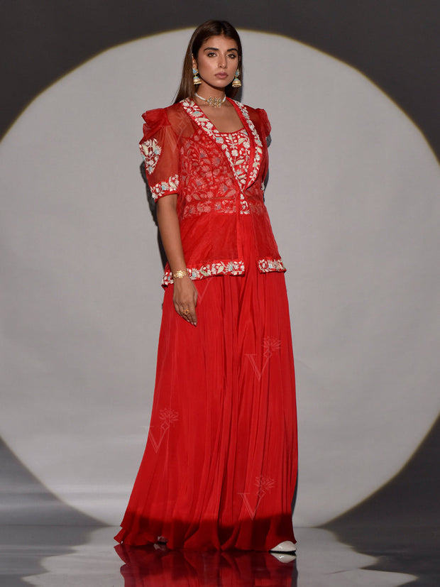 Red Organza Crop Top and Palazzo with Jacket Set