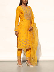 Mustard Embroidered Silk Suit Set