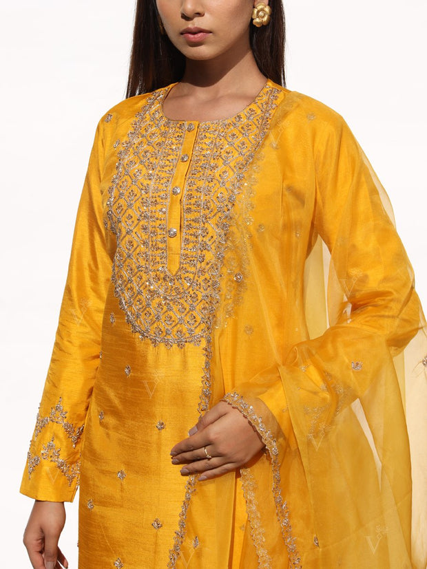 Mustard Embroidered Silk Suit Set