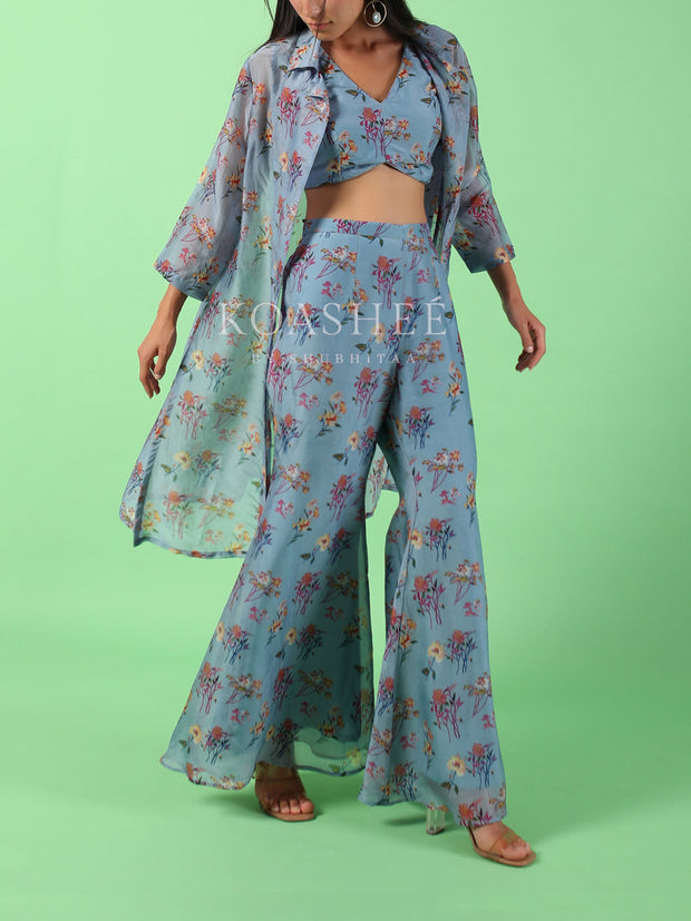 Pastel Blue Floral Jacket, Bustier And Pant Set