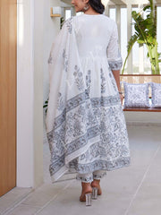 Grey And White Cotton Printed Suit Set